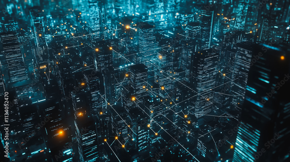 Obraz premium Smart digital Innovation city with connection network reciprocity over the cityscape. of future smart wireless digital city and social media networking systems that connects people with in city