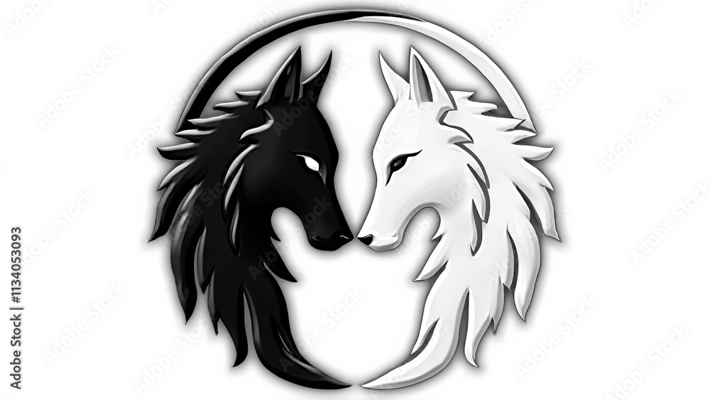 A symmetrical logo featuring two wolf heads one facing left and the other facing right in a yin-yang composition A symmetrical logo featuring two wolf heads one facing left and the other facing right in a yin-yang composition