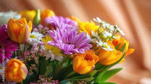 A rustic bouquet of tulips with an envelope on wooden background, perfect for celebrations or greetings.