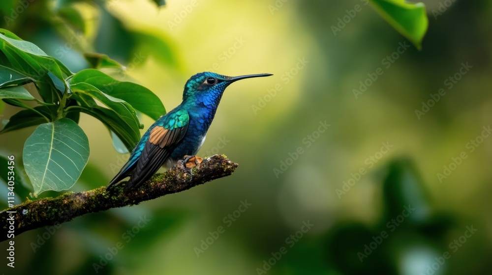 A vibrant hummingbird perched on a branch amidst lush green foliage. A vibrant hummingbird perched on a branch amidst lush green foliage.