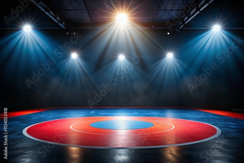 A Single Illuminated Wrestling Mat Centered on a Dark Background, Awaiting Athletes with Copy Space for Bold Text and Captivating Visuals for Sports Photography