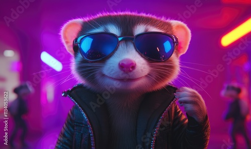 A stylish anthropomorphic animal wearing sunglasses and a leather jacket in a vibrant setting.