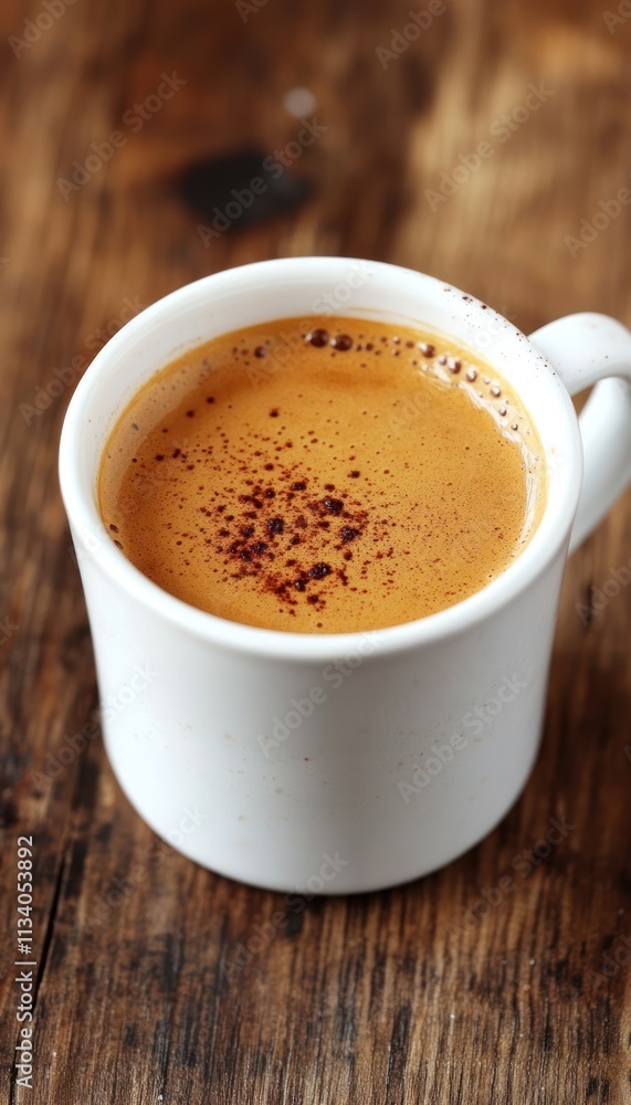 A close-up of a cup of coffee with a sprinkle of cocoa on top, resting on a wooden surface. A close-up of a cup of coffee with a sprinkle of cocoa on top, resting on a wooden surface.