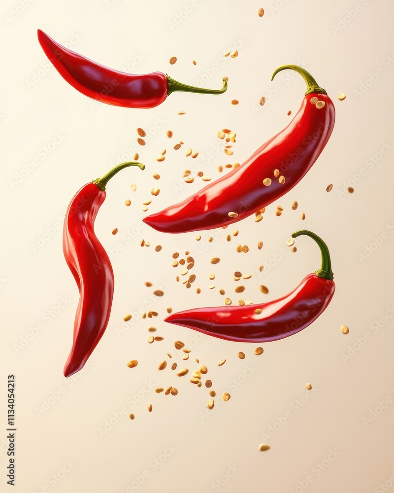 Vibrant Red Chili Peppers in Motion with Golden Seeds: A Culinary Delight Vibrant Red Chili Peppers in Motion with Golden Seeds: A Culinary Delight