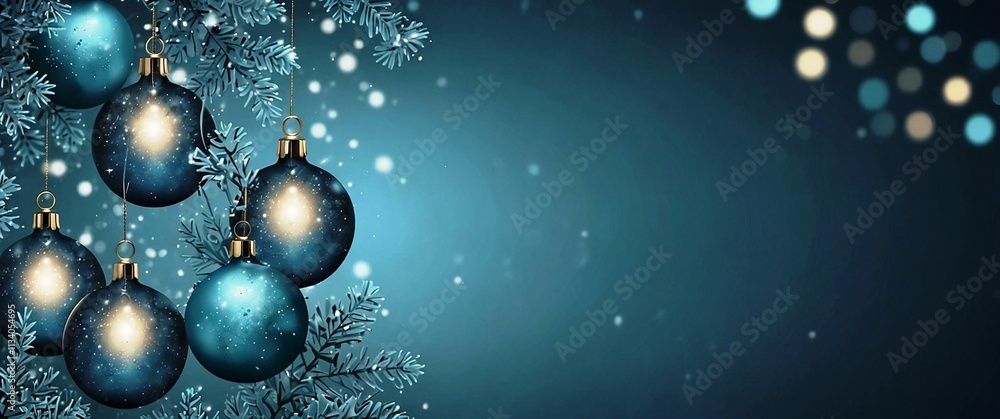 New Year's blue background with a cluster of blue and light blue ornaments on the side, plenty of copy space for a banner New Year's blue background with a cluster of blue and light blue ornaments on the side, plenty of copy space for a banner