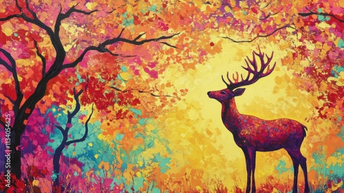 A vibrant painting of a deer in a colorful autumn landscape. photo