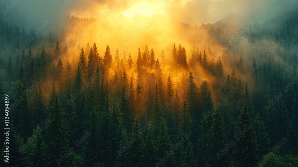 Fototapeta premium Golden Hour in the Misty Mountains: A Breathtaking Sunrise over a Coniferous Forest