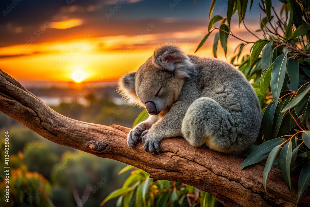 Fototapeta premium Captivating Silhouette of a Baby Koala Sleeping in a Tree at Dusk, Showcasing the Serenity and Charm of Wildlife in Its Natural Habitat, Perfect for Nature Lovers and Wildlife Enthusiasts