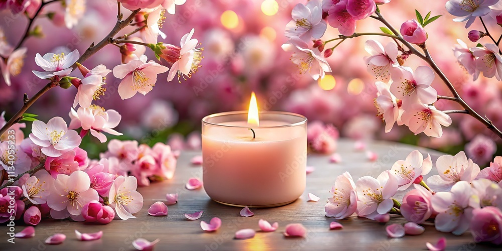 Cherry Blossom Scented Candle Photography: Wide Angle, Spring, Floral, Soft Light, Pink, White, Relaxing Atmosphere, Home Decor, Aroma, Fragrance, Candlelight Cherry Blossom Scented Candle Photography: Wide Angle, Spring, Floral, Soft Light, Pink, White, Relaxing Atmosphere, Home Decor, Aroma, Fragrance, Candlelight