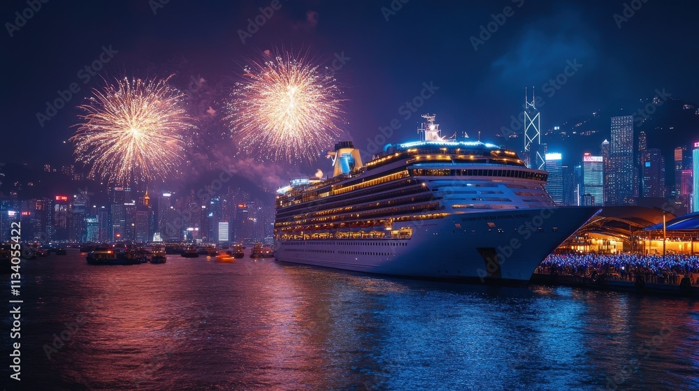 Obraz premium Spectacular Fireworks Display Over Hong Kong Harbor with Cruise Ship