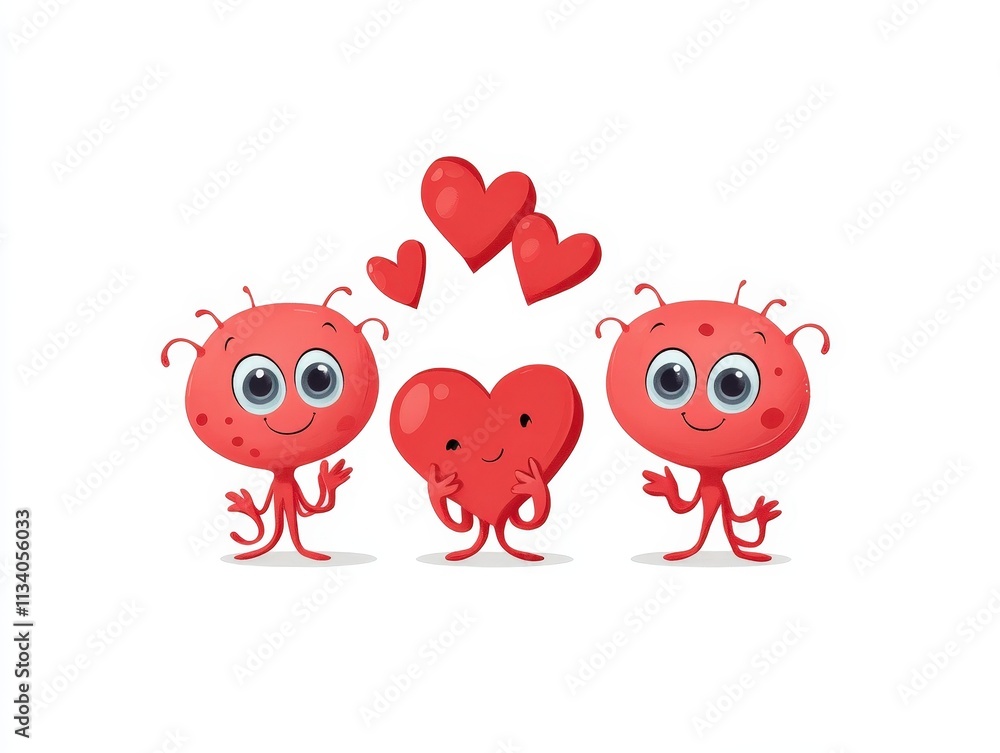 Two cute red creatures with big eyes and hearts, celebrating love together. A cheerful, playful illustration perfect for Valentine's Day themes. Two cute red creatures with big eyes and hearts, celebrating love together. A cheerful, playful illustration perfect for Valentine's Day themes.