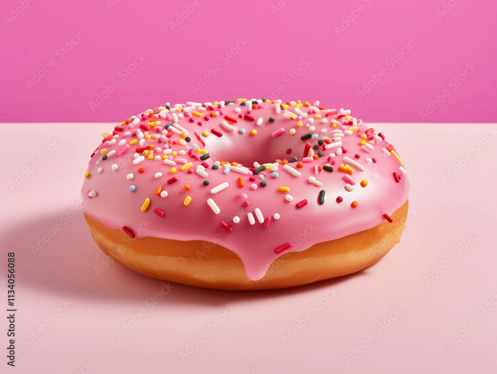 Mouth-watering Picture of a Glazed Doughnut with Pink Frosting and Sprinkles
