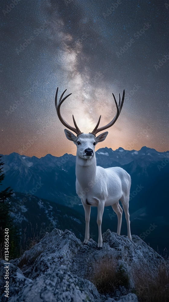 Fototapeta premium A majestic white deer with perfect antlers, on the mountain and the view of the stars in the beautiful sky
