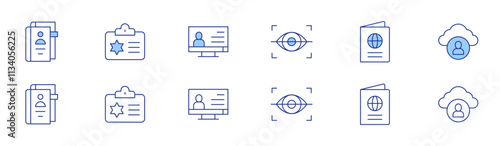 Identity icon set in two styles, Duotone and Thin Line style. Editable stroke. identity, police identification, eye scanner, passport, cloud identity, digital identity