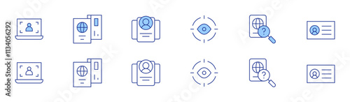 Identity icon set in two styles, Duotone and Thin Line style. Editable stroke. user, passport, eye scanner, id card, business card