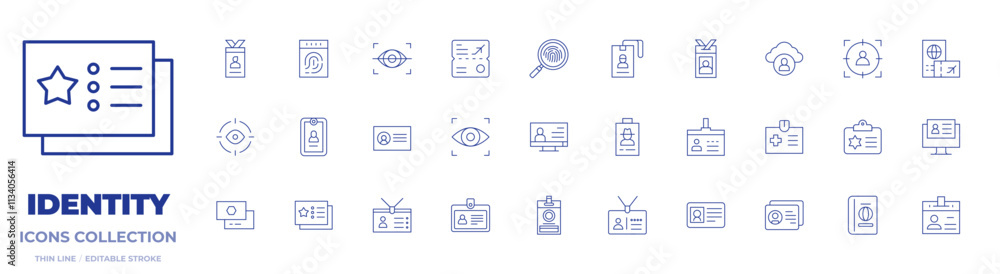 Identity icons collection. Thin Line icons, editable stroke. card, eye scanner, id card, business card, id, passport, police identification, cover, digital identity Identity icons collection. Thin Line icons, editable stroke. card, eye scanner, id card, business card, id, passport, police identification, cover, digital identity