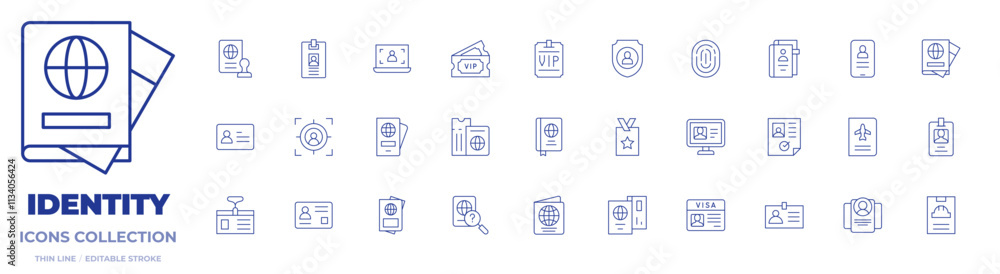 Identity icons collection. Thin Line icons, editable stroke. passport, id card, identity card, visa, id, identity, target, vip, visitor card Identity icons collection. Thin Line icons, editable stroke. passport, id card, identity card, visa, id, identity, target, vip, visitor card