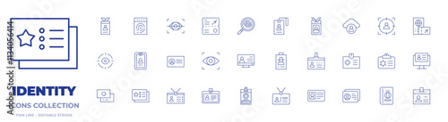 Identity icons collection. Thin Line icons, editable stroke. card, eye scanner, id card, business card, id, passport, police identification, cover, digital identity