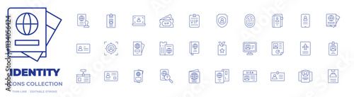 Identity icons collection. Thin Line icons, editable stroke. passport, id card, identity card, visa, id, identity, target, vip, visitor card