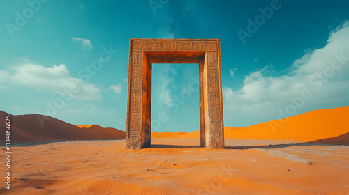 Ancient Gateway to the Desert Starry Sky, A Mystical Desert Landscape with an Ornate Stone Archway Framing a Celestial Scene at Dusk photo