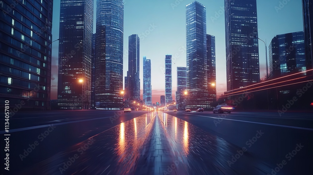 Obraz premium Futuristic Cityscape at Dawn with Vibrant High-Rise Buildings