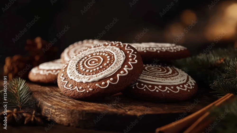 Stack of decorated gingerbread cookies on a rustic wooden board, surrounded by Christmas elements. Stack of decorated gingerbread cookies on a rustic wooden board, surrounded by Christmas elements.