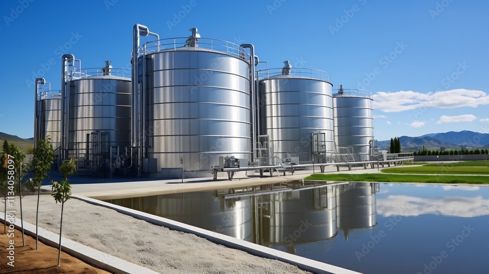 Modernistic Water Treatment Facility with Towering Stainless Steel Tanks for Efficient Purification and Processing of Water Resources Modernistic Water Treatment Facility with Towering Stainless Steel Tanks for Efficient Purification and Processing of Water Resources