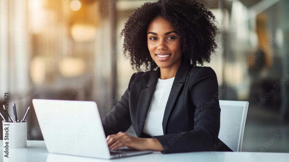 confident businesswoman working on laptop in modern office confident businesswoman working on laptop in modern office