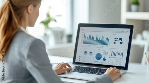 businesswoman analyzing data on laptop