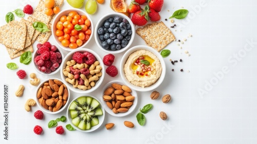 healthy snack bowl with fruits nuts and hummus