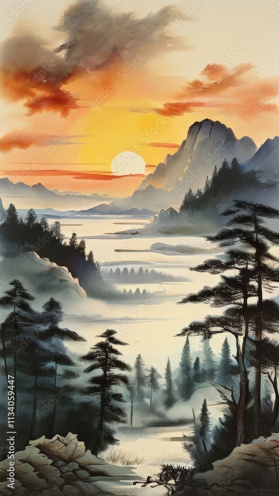 the AI Image Generator, Mountain Landscape With Misty Sunrise the AI Image Generator, Mountain Landscape With Misty Sunrise