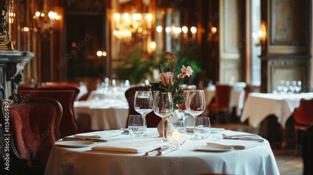 Elegant dining setup in a luxurious restaurant with floral centerpiece and ambient lighting. Elegant dining setup in a luxurious restaurant with floral centerpiece and ambient lighting.