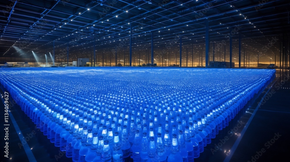 Fototapeta premium Rows of bottled water products under bright LED lighting in a modern manufacturing and production facility showcasing efficient and high tech water processing and packaging