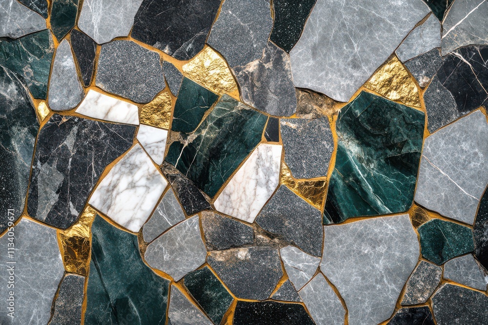 Fototapeta premium Stylish abstract design background with marble-like mosaics. Merged ceramic walls showcasing artificial stone patterns alongside shiny metal finishes