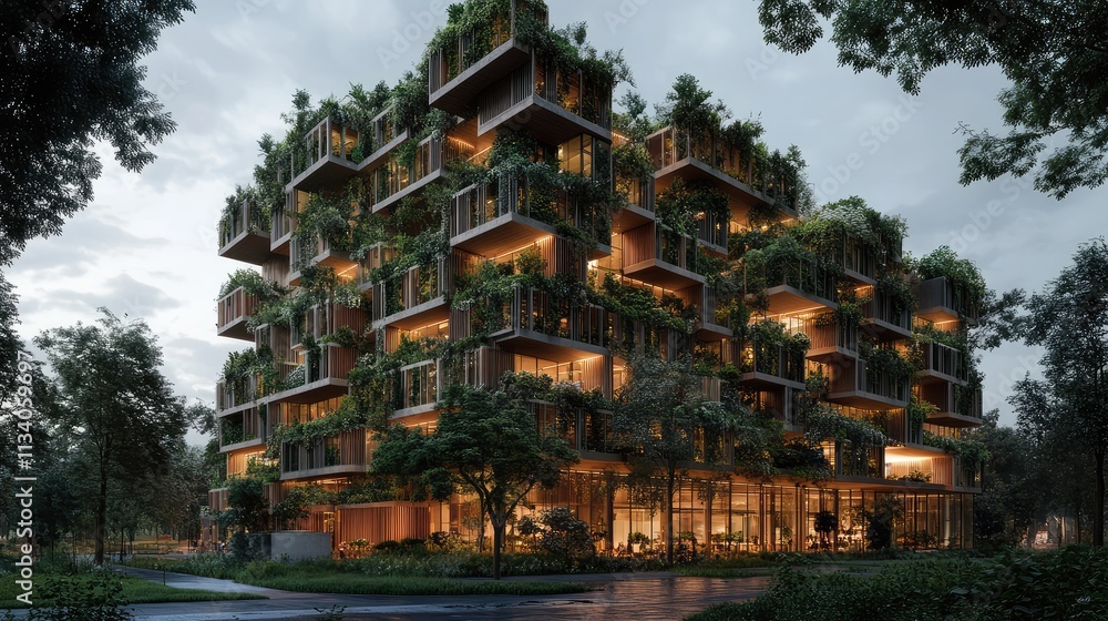An innovative office building with a fade covered in vertical gardens, reducing heat and providing a lush urban aesthetic An innovative office building with a fade covered in vertical gardens, reducing heat and providing a lush urban aesthetic