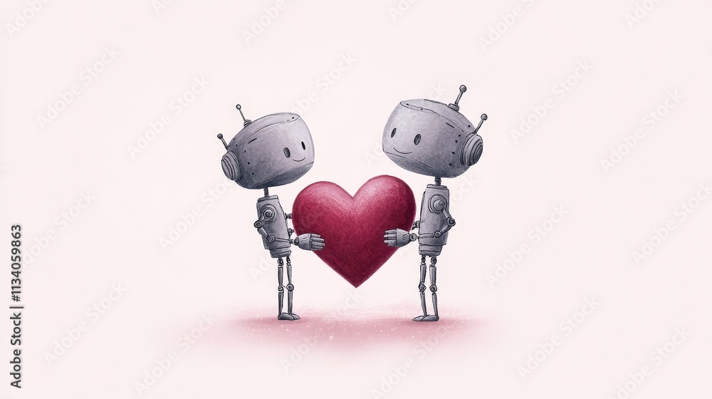 Two cute robots hold a red heart, symbolizing love and connection in a whimsical, digital art style.