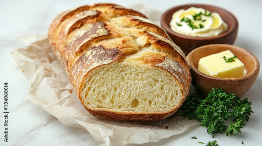 A crusty loaf of sourdough bread, sliced open, revealing a light and airy crumb. Perfect for showcasing recipes, food blogs, or bakery products. A crusty loaf of sourdough bread, sliced open, revealing a light and airy crumb. Perfect for showcasing recipes, food blogs, or bakery products.