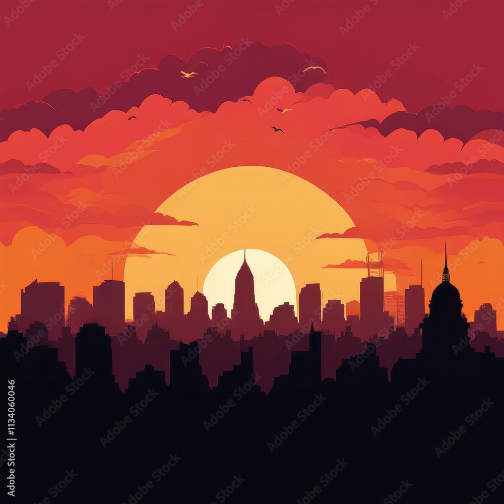 the AI Image Generator, Sunset Over City Silhouette with Birds and Dramatic Clouds the AI Image Generator, Sunset Over City Silhouette with Birds and Dramatic Clouds