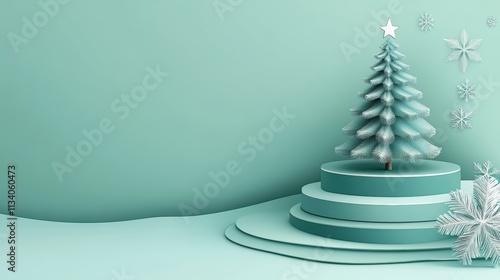 A serene winter-themed design featuring a stylized Christmas tree on circular platforms, enhanced by snowflakes on a soft teal background, Ideal for holiday marketing, invitations, or decor, photo