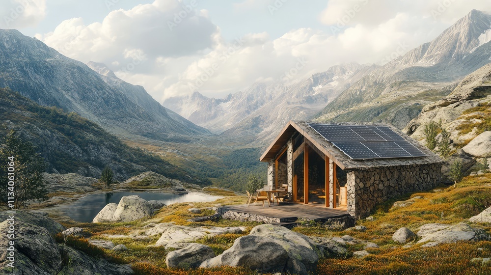 An off-grid mountain hut constructed with natural stone and solar panels, blending into the rugged landscape An off-grid mountain hut constructed with natural stone and solar panels, blending into the rugged landscape