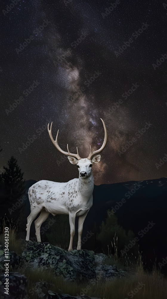 Fototapeta premium A majestic white deer with perfect antlers, on the mountain and the view of the stars in the beautiful sky