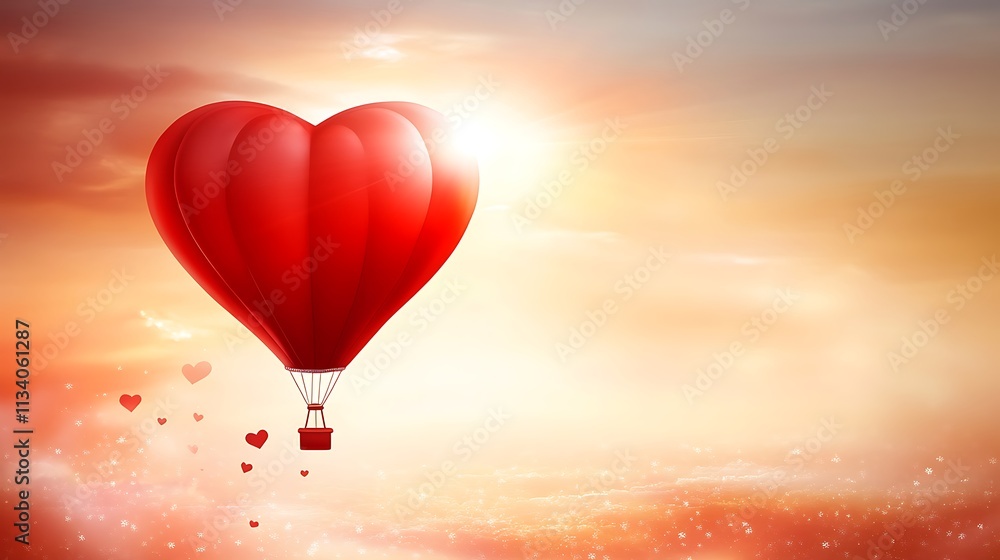Fototapeta premium A Red Heart Shaped Hot Air Balloon Soaring Through Sunset Skies