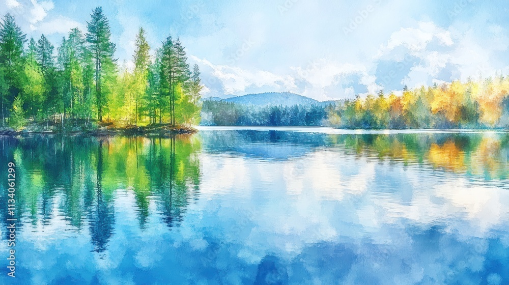 Fototapeta premium Serene lake landscape with colorful autumn trees reflected in the still water.