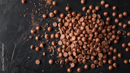 A pile of chocolate chips on a dark surface, ideal for baking or desserts. photo