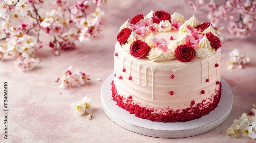 A beautifully decorated cake adorned with roses and petals, perfect for celebrations. A beautifully decorated cake adorned with roses and petals, perfect for celebrations.