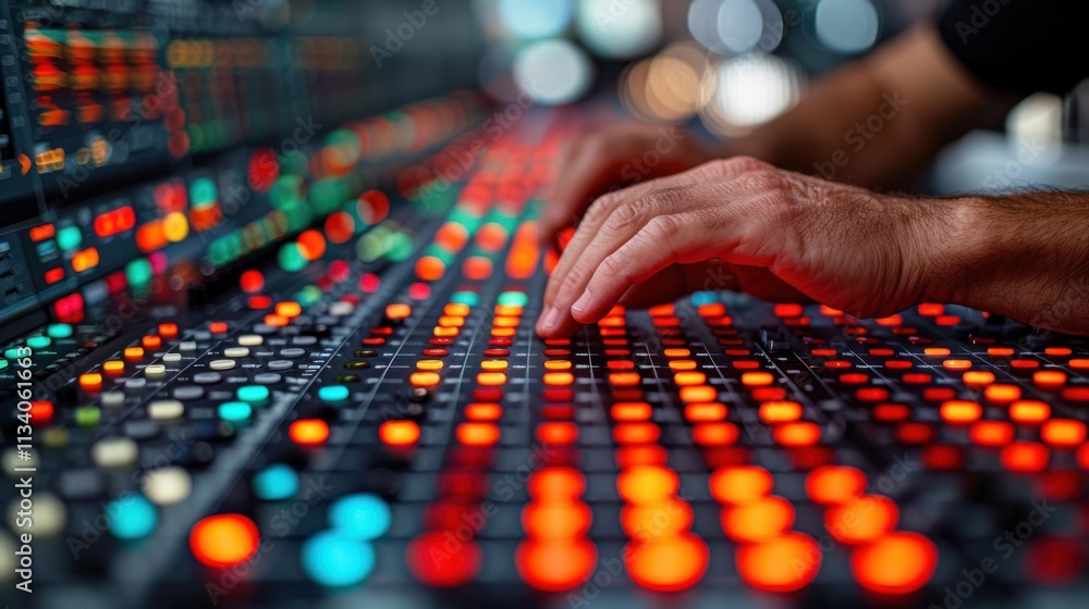 Close-up of hands adjusting audio mixing console. Close-up of hands adjusting audio mixing console.
