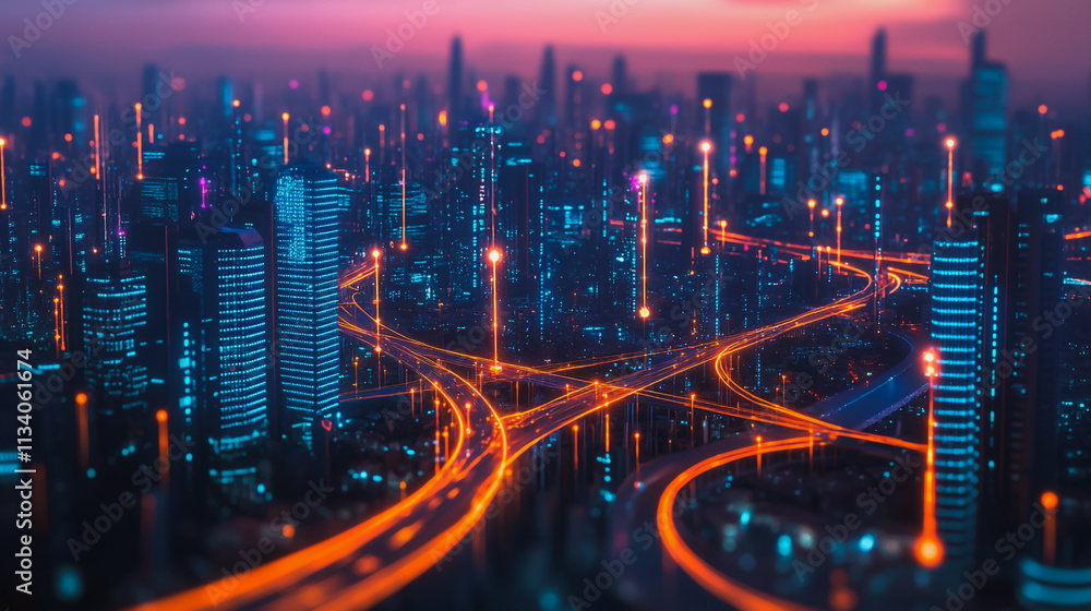 Fototapeta premium Smart digital Innovation city with connection network reciprocity over the cityscape. of future smart wireless digital city and social media networking systems that connects people with in city