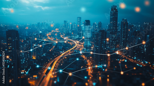 Wallpaper Mural Smart digital Innovation city with connection network reciprocity over the cityscape. of future smart wireless digital city and social media networking systems that connects people with in city Torontodigital.ca