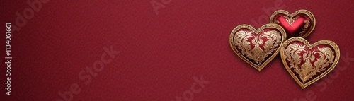 An elegant display of ornate heart shapes on a rich burgundy background, evoking romance and affection.