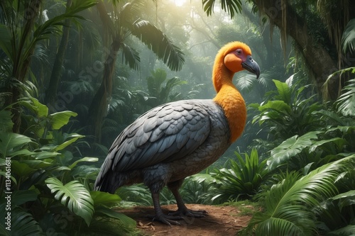 A vibrant, digitally rendered extinct bird, possibly a dodo relative, stands in a lush, tropical rainforest setting. photo